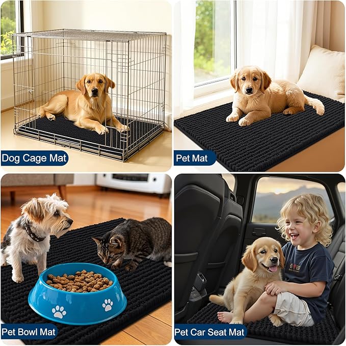 OLANLY Dog Door Mat for Muddy Paws 44x32, Ultra Absorbent Chenille Mud Doormat, Non-Slip Washable and Dirt Trapping Doormat for Indoor Entryway, Quick-Dry Indoor Pet Bed Mats for Dogs, Black