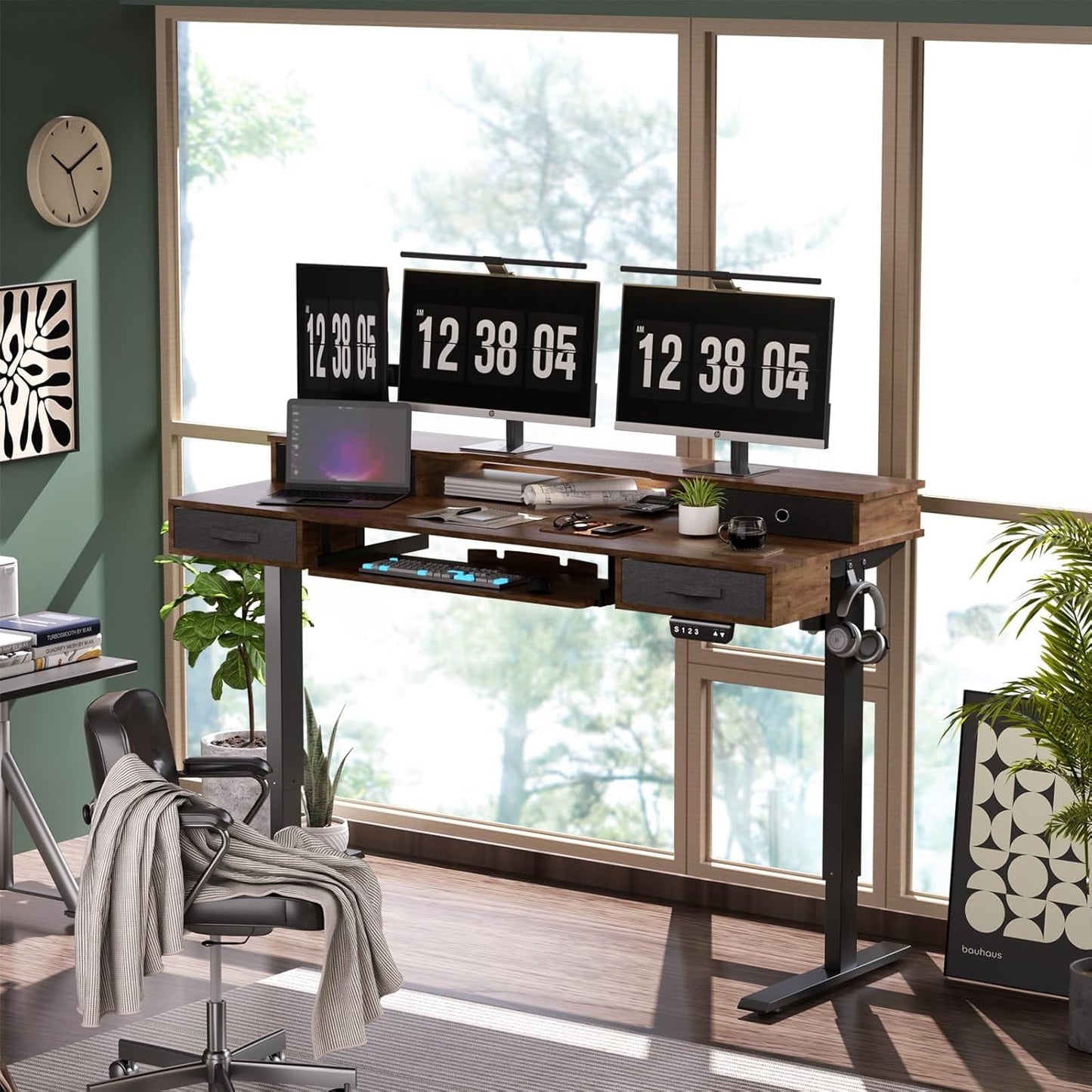 Standing Desk, 63" Adjustable Desk, Multifunctional Electric Standing Desk with 4 Drawers, Ergonomic Height Adjustable Desk with Keyboard Tray, Rustic Brown