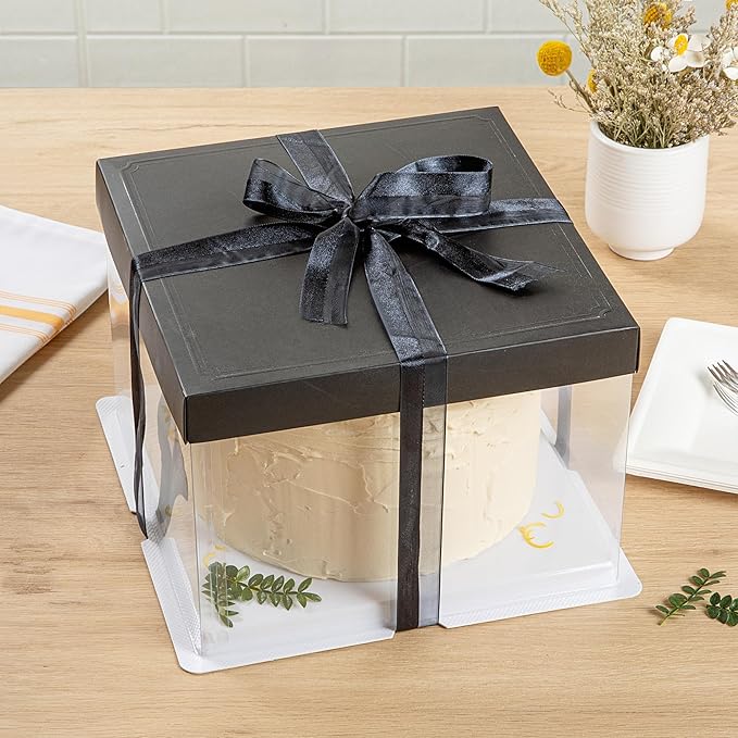 Sweet Vision Square Clear Plastic Cake Box - Black Lid and White Base, Black Ribbon - 8 1/2" x 8 1/2" x 6 3/4" - 10 count box