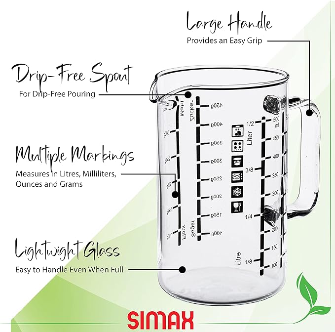 Simax Glass Measuring Cup: 16 Oz Measuring Cups Glass - Liter, Oz and Ml Measuring Cup for Liquid - Borosilicate Glass Metric Measuring Cups in Gram - Measure Flour and Sugar Grams - Easy Pour Spout