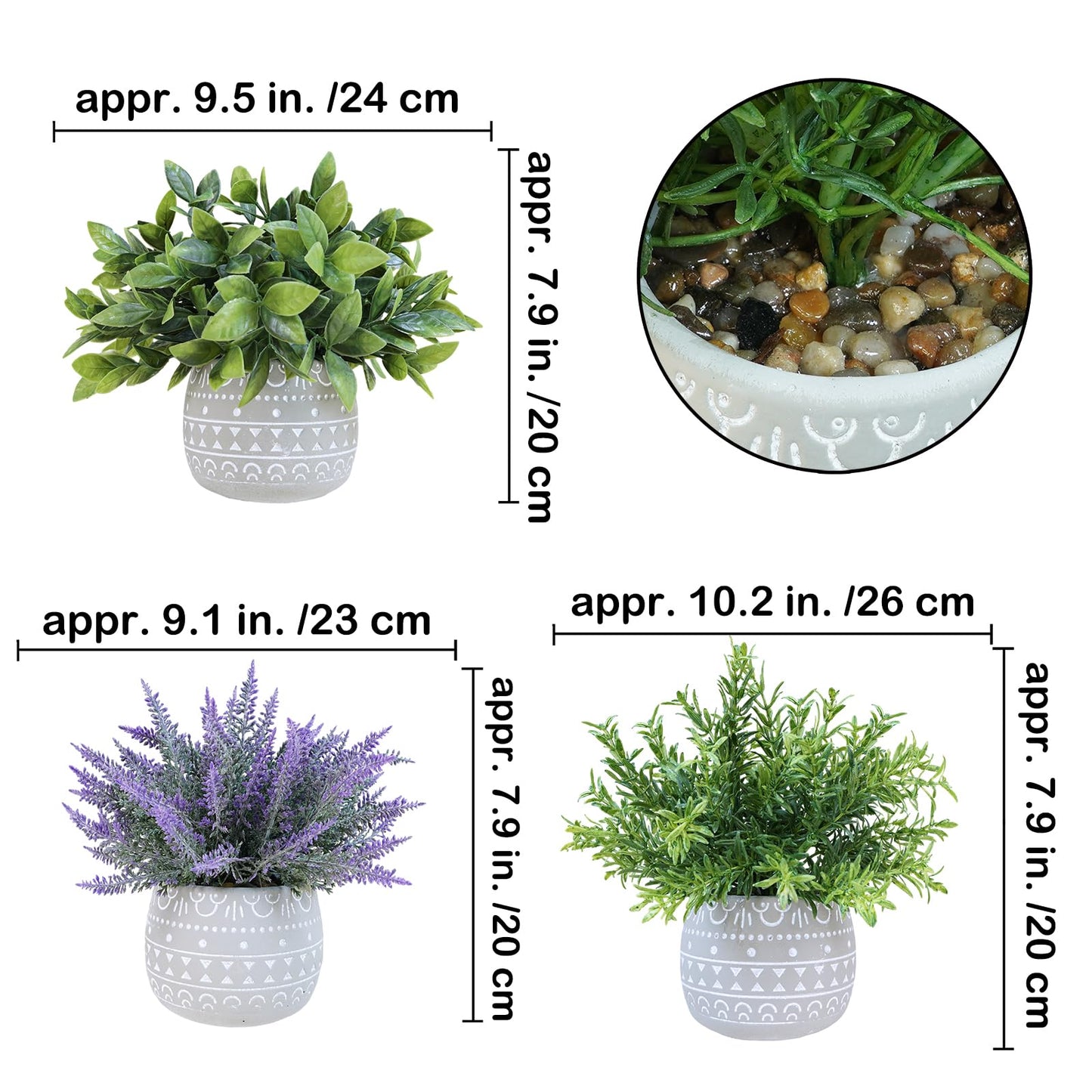 Winlyn Faux Potted Plants Set of 3 – Artificial Lavender Flower, Rosemary, Boxwood in Gray Geometric Concrete Pots for Wedding Home Living Room Table Centerpiece Windowsill Shelf French Boho Décor