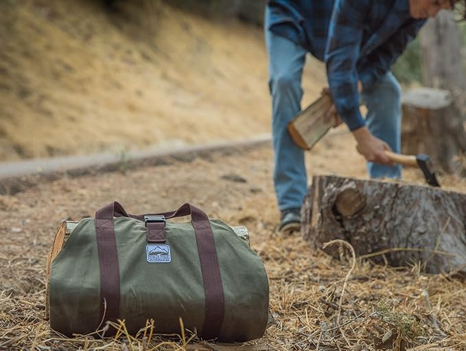 Heavy Duty Waxed Canvas Firewood Log Carrier Bag Tote – Unique Dual Handles allow Secure Comfortable grip with various load sizes. Cinch Strap holds all wood in place (Olive/Olive)