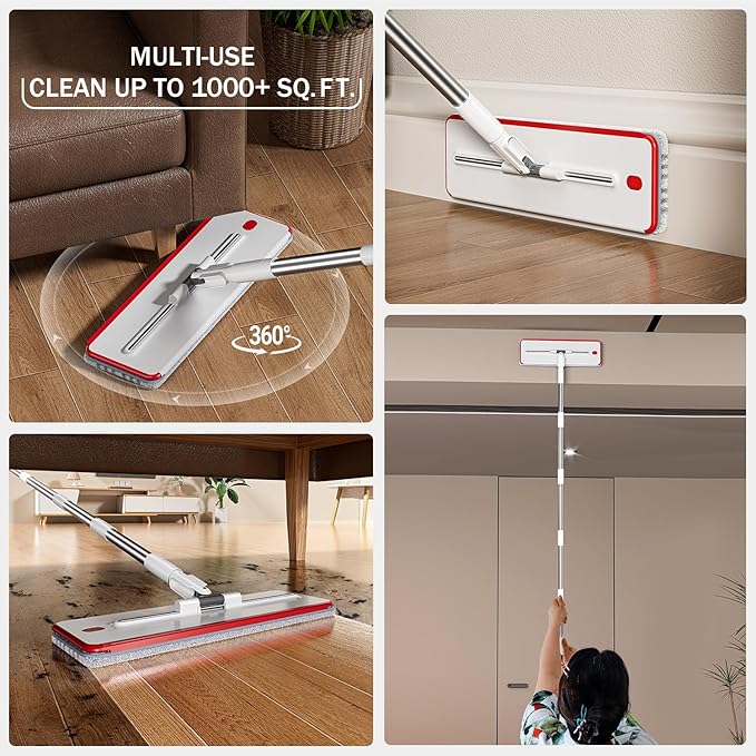 Dual-Mop and Bucket Set, 3-Tank Flat Mop and Bucket System with Separate Dirty and Clean Water, Wall Cleaner Mop, Flat Mops for Floor Cleaning with 6 Microfiber Pads