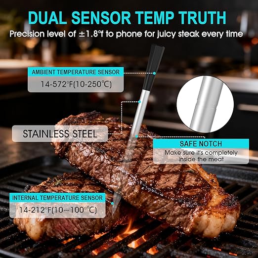 Wireless Meat Thermometer Bluetooth Digital, Smart Meat Thermometer with Booster Base, IP67 Waterproof Probe, ±1.8°F Accuracy, 100m Range, Rechargeable BBQ Cooking Thermometer for Grill, Smoker Black