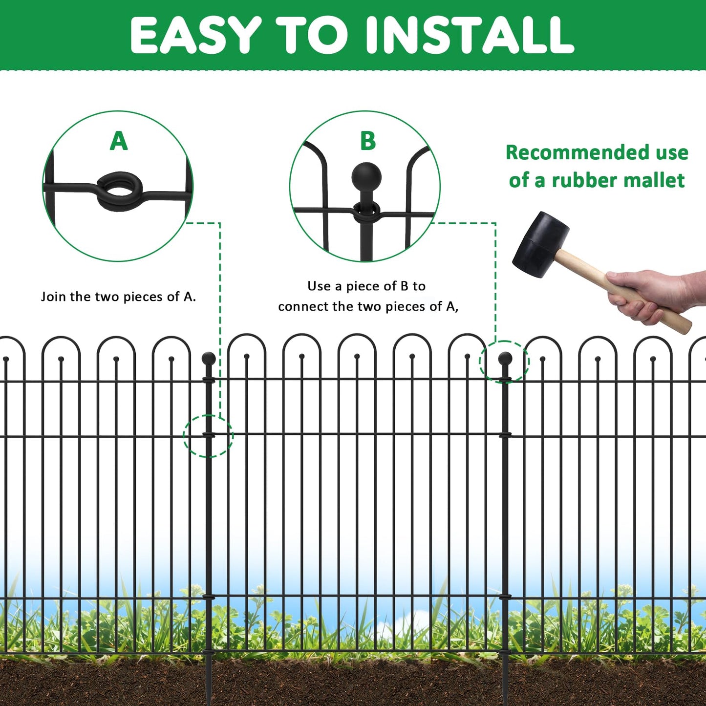 Garden Fence Animal Barrier with Gate, 32 in (H) x23.6ft (L) Decorative Garden Fence, 10 Panels No Dig, Rustproof Metal Temporary Fence, for Outdoor, Yard, Patio