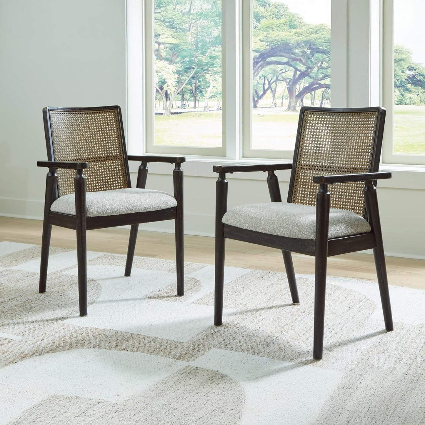 Signature Design by Ashley Galliden Rustic Solid Wood Upholstered Dining Arm Chair with Faux Cane Backrest, Set of 2, Light Brown & Black