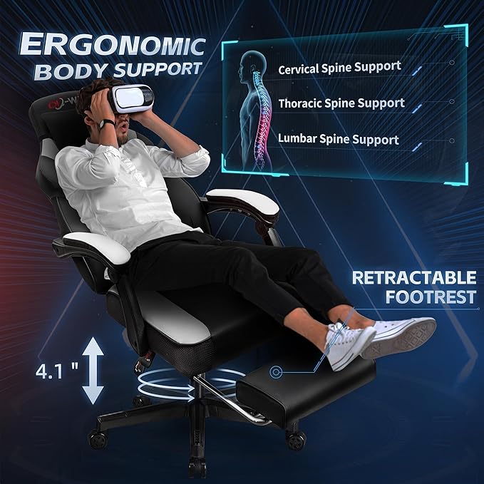 Video Gaming Chair for Adults, Computer Chair with Footrest and Ergonomic High Back, Big and Tall Gamer Chair with Massage Lumbar Support, 360° Swivel Height Adjustable Computer Chair, White