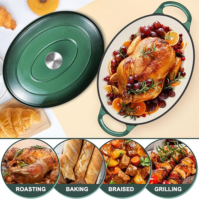 E-far 7QT Oval Dutch Oven Pot with Lid, Enameled Cast Iron Dutch Oven with Dual Handles, Heavy-Duty Cookware for Sourdough Bread Baking, Braising, Stews, Oven Safe & Easy Clean, Dark Green