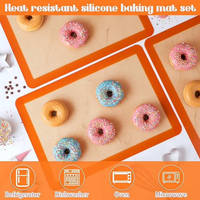 Nuanchu 8 Pieces Silicone Baking Mat Non-stick Silicone Baking Half Sheet 16.5'' x 11.6'' Silicones Cookie Sheet Easy Clean Oven Cookie Liner for Oven Making, Macaroon, Bread Pastry (Orange)