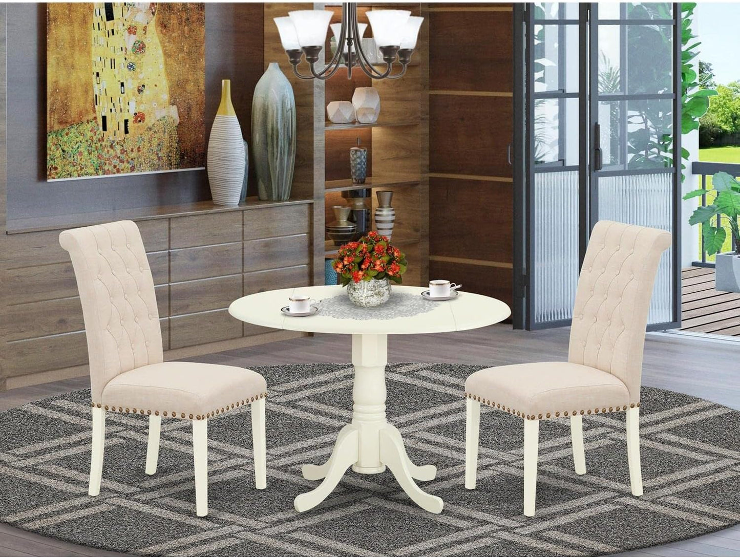 East West Furniture DLBR3-WHI-02 3 Piece Modern Dining Table Set Contains a Round Wooden Table with Dropleaf and 2 Light Beige Linen Fabric Parson Dining Chairs, 42x42 Inch, Linen White