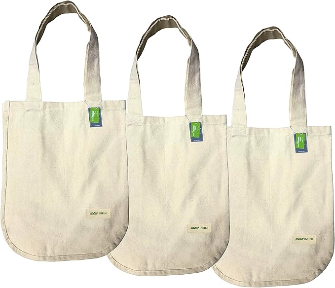 AMOUR INFINI Organic Cotton Grocery Bags with Bottle Sleeve - Set of 3 Foldable & Washable Shoulder Tote Bags with Reinforced Handles & Double-Stitched Arc Edges for Groceries & Everyday Use