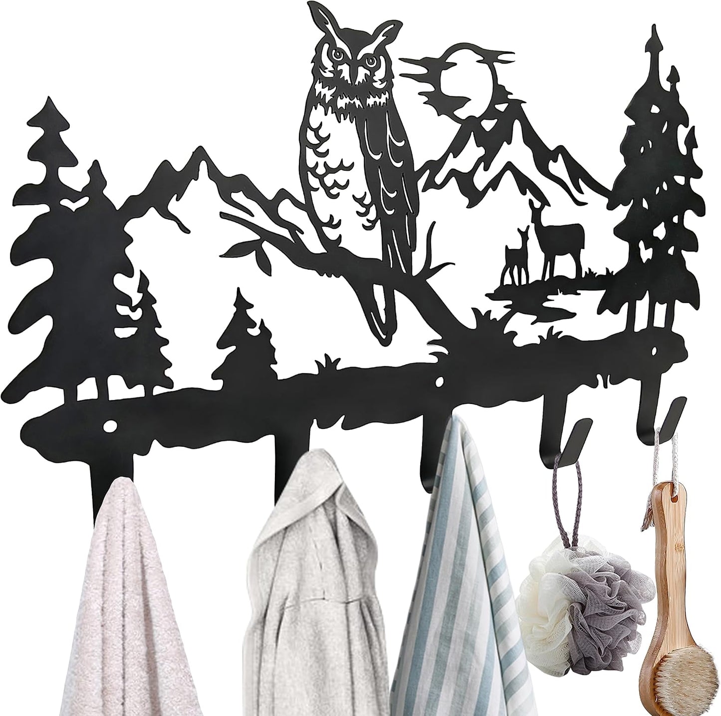 Metal Owl Hooks Wall Art Decor-Owl Hangers and Key Holder-Clothes Hat Rack and Backpack Hanger-Animal Theme Hooks Sweet Home Decor for Storage, Living Room, Hallway, Office (Black)