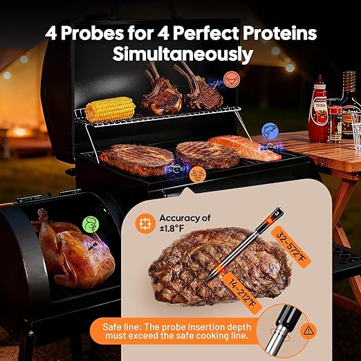Wireless Meat Thermometer with 4 Probes, Meat Thermometer Digital with Smart App Control, 3-Mode Connectivity WiFi Food Thermometer for Grilling, Smoking, BBQ