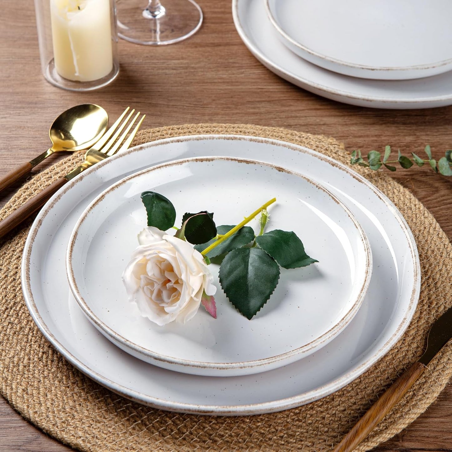 AmorArc Ceramic Dinnerware Sets with Pasta Bowls for 8, Handpainted Plates and Bowls Set with Rustic Terracotta Underside, Scratch Resistant Dishes Set, Dishwasher & Microwave Safe, 32 Pcs-White