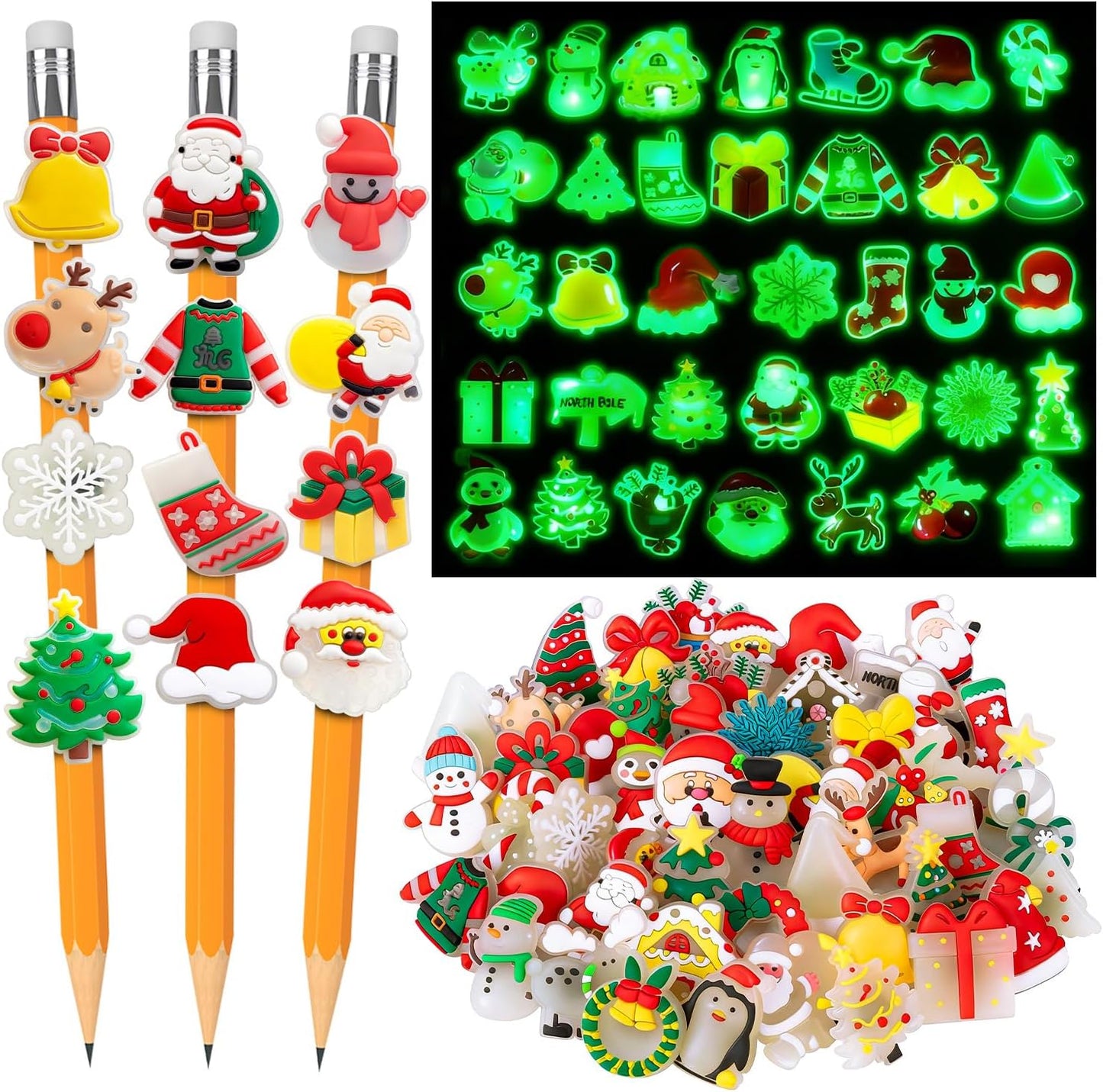 WDAHDHP Christmas Glow in the Dark Pencil Clips, 100Pcs Cute Luminous Pencil Charms Topper for Kids Students School Gifts Classroom Rewards
