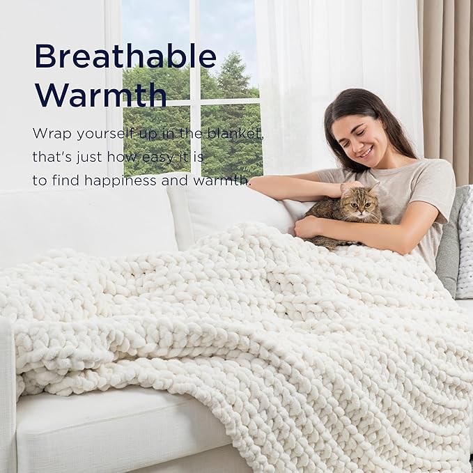 Maetoow Handmade 20 lb Soft Knitted Weighted Blanket, 60 x 80 in Breathable Chunky Knit Gravity Blanket Throw, Home Decor for Sofa Couch Bed, Cream