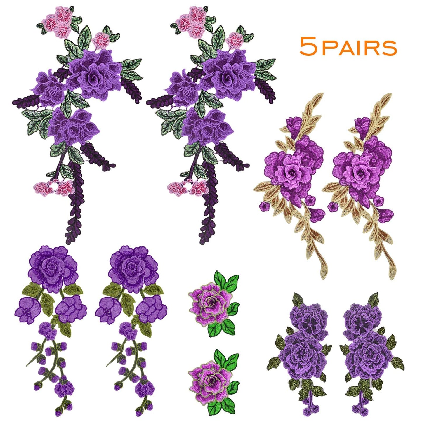 10pcs(5 Pairs) Sew On Embroidered Flower Patches Purple Flower Embroidery Appliques Clothing Accessories for DIY Jeans Dress Hat Bag Clothes Sewing Crafts, 5 Styles