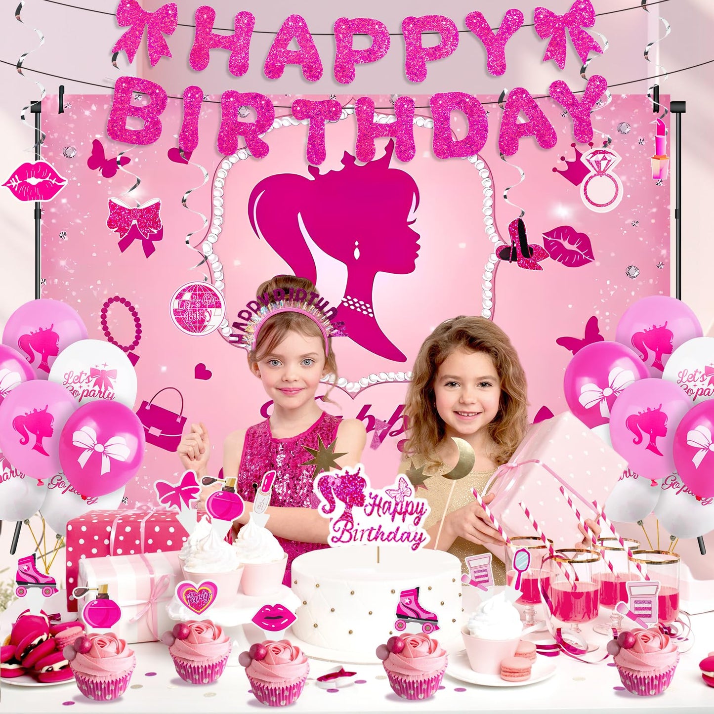 Hot Pink Birthday Party Decorations Supplies, with Pink Glitter Happy Birthday Banner, Backdrop, Balloons, Hanging Swirls, Cake & Cupcake Toppers for Kids, Girls and Women