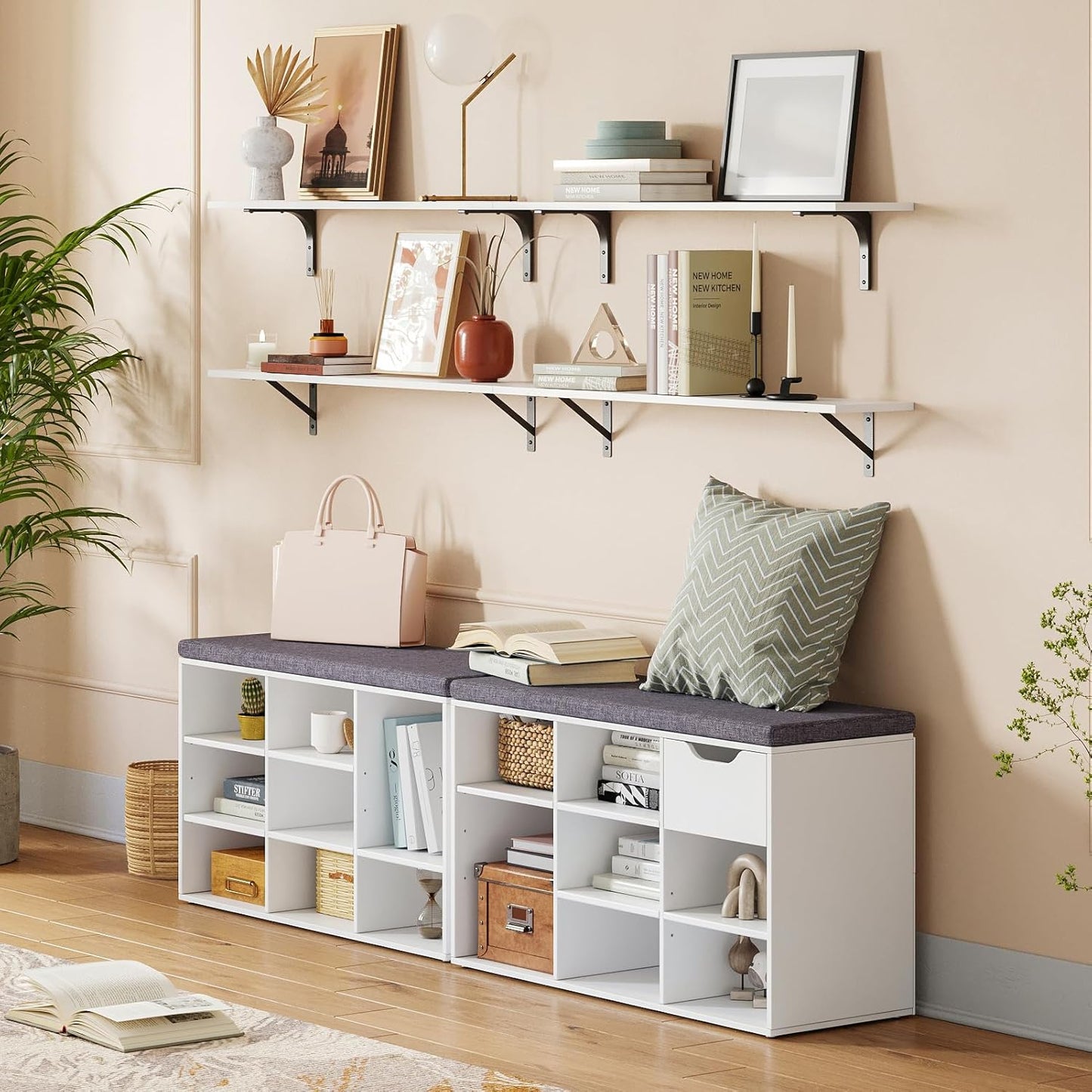 DINZI LVJ Shoe Bench,Entryway Storage Bench with Drawer and 8 Cubbies,Cubby Rack Adjustable Shelves,Shoe Organizer Cabinet for Living Room,Bedroom,Mudroom,Closet Garage,White