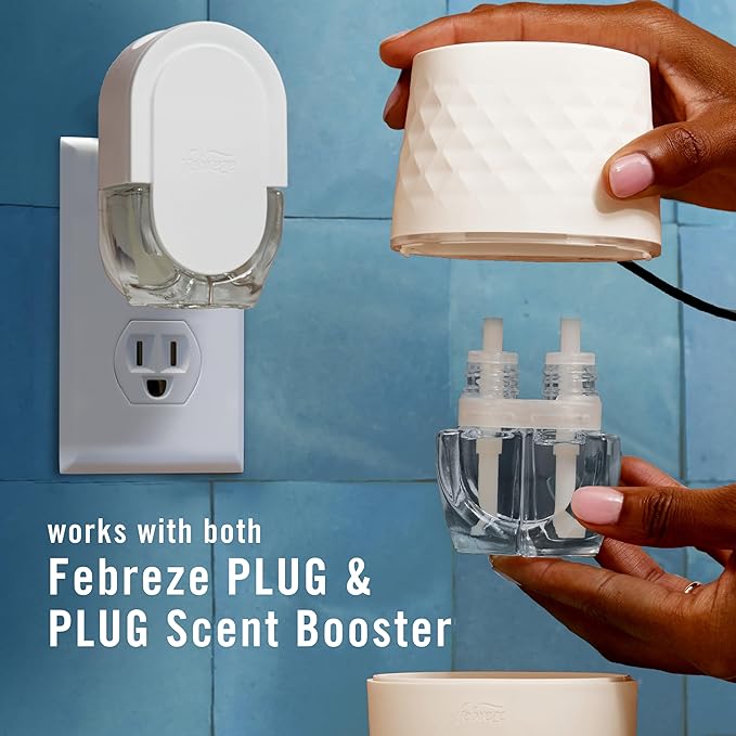 Febreze Plug Scent Booster Starter Kit, Oil Diffuser, Air Freshener Plug in, Giftable for Holidays, Continuous Scent Device + 2 Downy Calm Refills