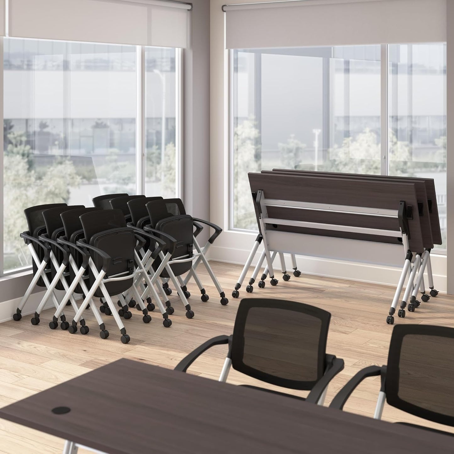 Bush Business Furniture Folding Training Table Set for 2, 72 inch, 2 Mesh Back Folding Chairs with Arms, Commercial-Grade Bundle for Office or Classroom, Envision Collection, Gray