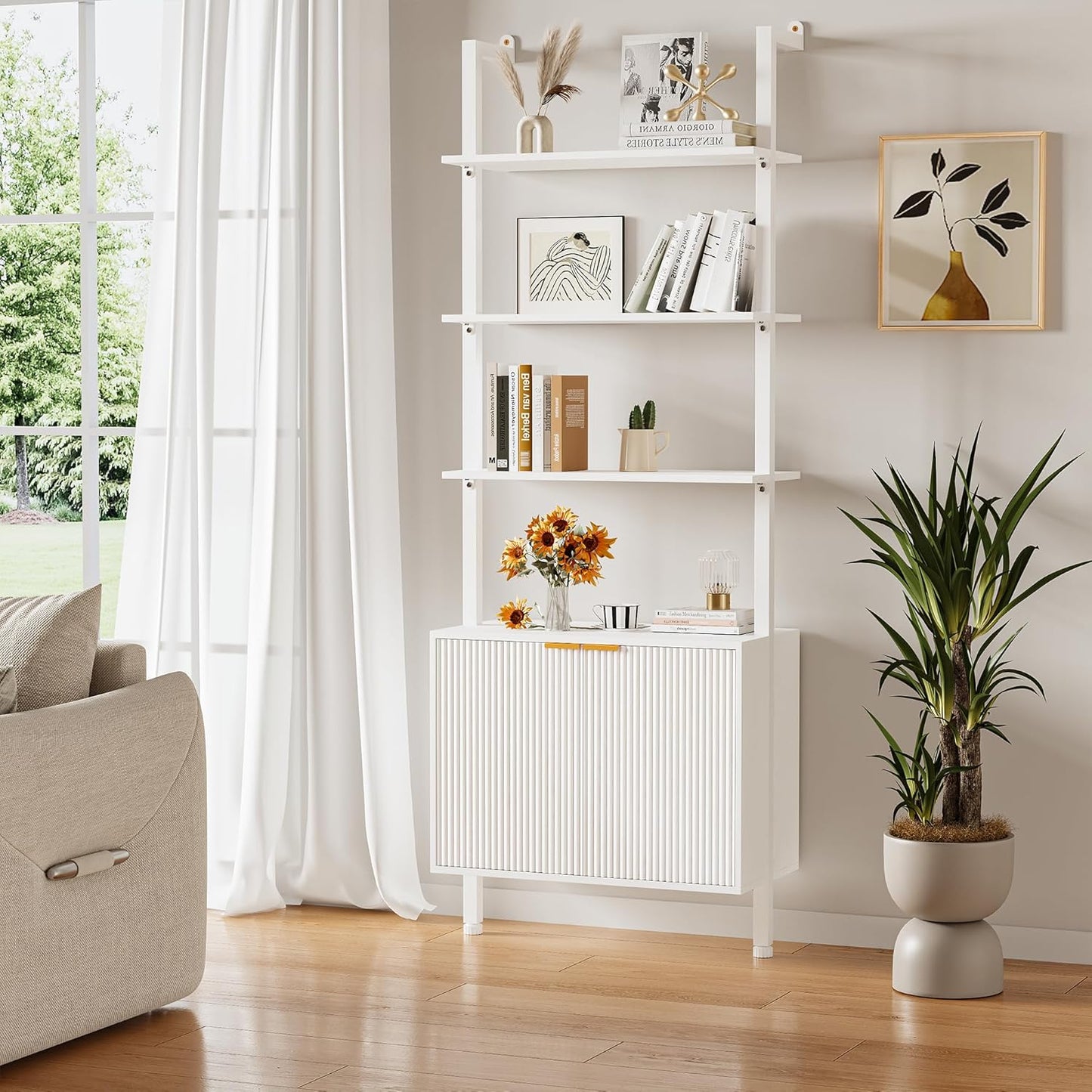 74" Tall Bookshelf with Storage Cabinet, Modern Ladder Shelf with Wood and Metal Frame, Wall Mount Bookcase Open Display Shelf Furniture for Living Room, Bedroom, Home Office, White