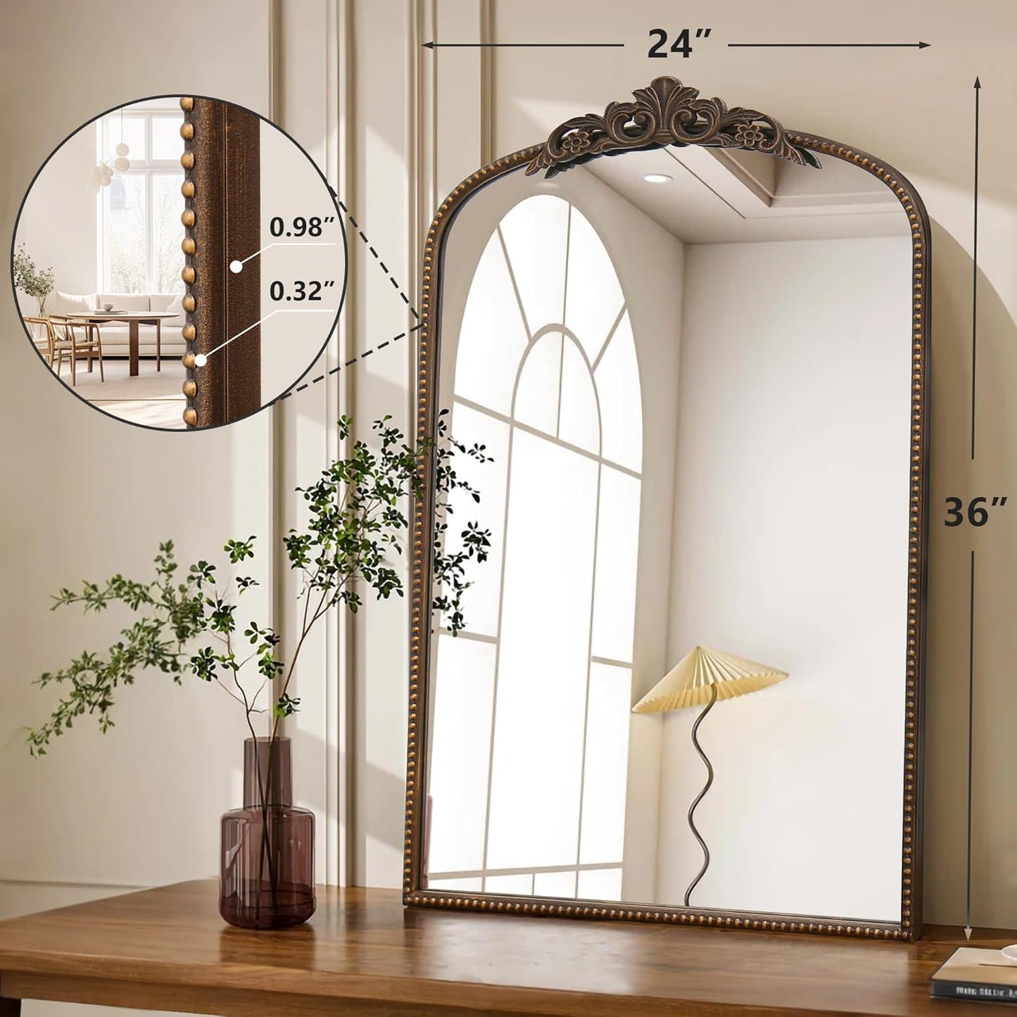 Micasso Traditional Ornate Metal Frame Arch Wall Mirror Baroque Vintage Vanity Mirror for Bathroom, Mantel, Bedroom, Antique Bronze 36"x 24"