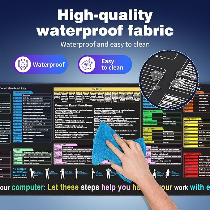 Excel Cheat Sheet Desk pad—Contains 12 Types of Common Skills in Excel and Word|Large XL Size（35.45 * 15.75 inch）|Desk mat for Keyboard and Mouse|Work、Study、Gaming Mouse pad|Waterproof、Anti-Slip