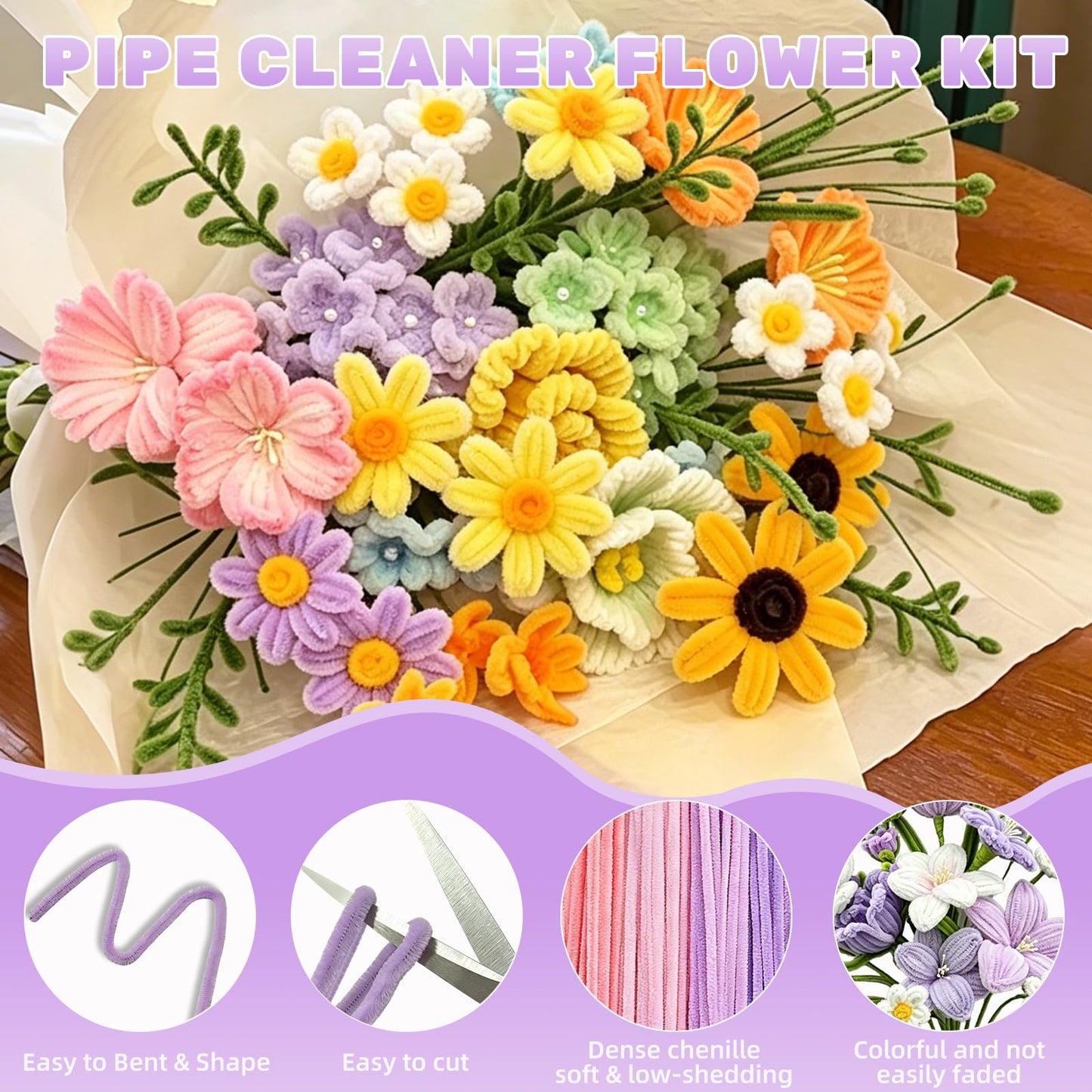 1200PCS Pipe Cleaners Craft, Pipe Cleaner Flower Kit with Instruction, 14 Colors Chenille Stems Flower Making Kit with Stamen, Tape, Floral Wrapping Paper and Ribbon for Arts DIY Craft Supplies ﻿