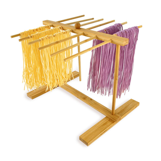 Mozphae Bamboo-Pasta-Drying-Rack with Transfer Wand & 12 Arms, Large Collapsible Fresh Pasta Dryer Holder for Homemade Noodle, Spaghetti, Tagliatelle, Detachable Fettuccine Hanger Stand with 12 Bars