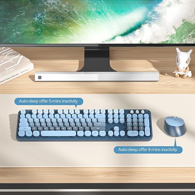 Wireless Keyboard and Mouse Set, Retro Typewriter, 2.4GHz Full Size 104-Key Cute Keyboard with Number Pad, Colorful with Round Keycaps for Windows PC Laptop(Sea Blue)