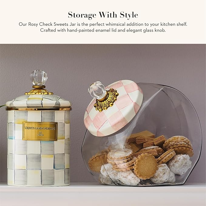 MACKENZIE-CHILDS Sweets Jar with Enamel Lid, Small Glass Cookie Jar or Kitchen Jar, 0.5-Gallon Capacity, Pink-and-White Rosy Check