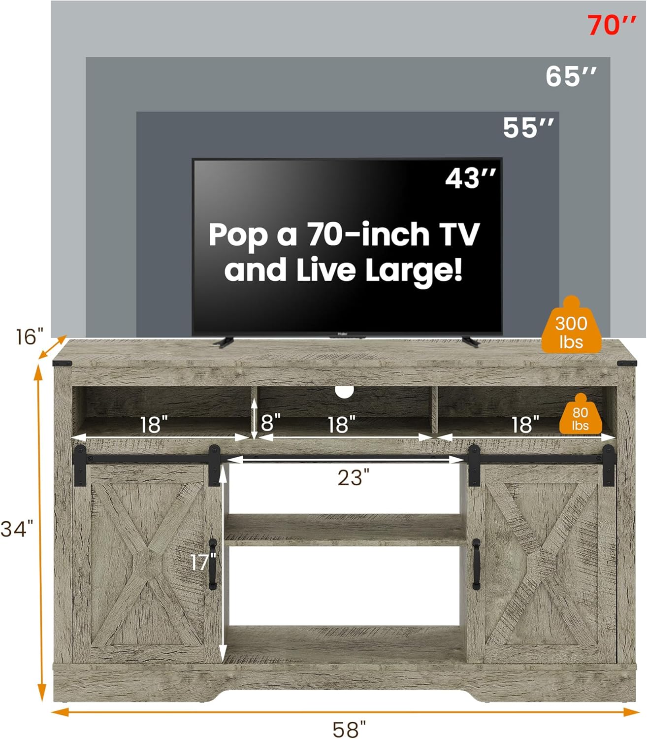 RoyalCraft Farmhouse TV Stand for 23" Electric Fireplace, 34'' Tall Entertainment Center for 65+ Inch TV, 34" Tall Rustic TV Console with Sliding Bar Door for Living Room (Light Grey)