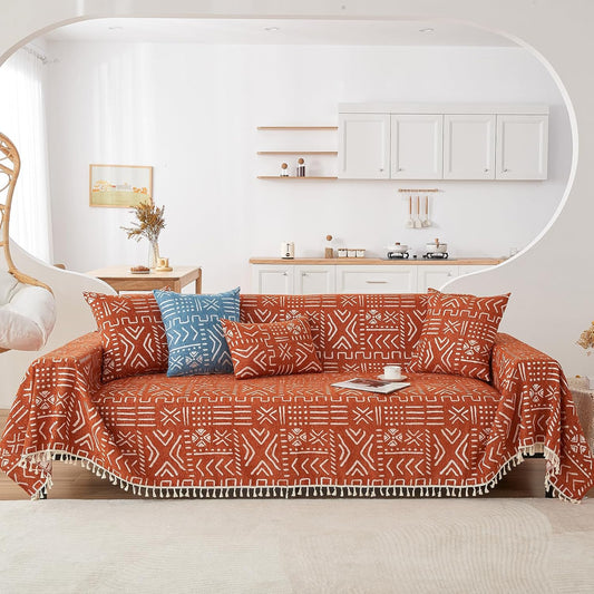 HANDONTIME Boho Aztec Sofa Slipcovers for Sofa/Couch Farmhouse Geometric Couch Protector for Dogs with Tassel Brick Orange Dog Couch Cover Sectional Sofa Cover Bohemian Decor for Sofa, 71" X118"