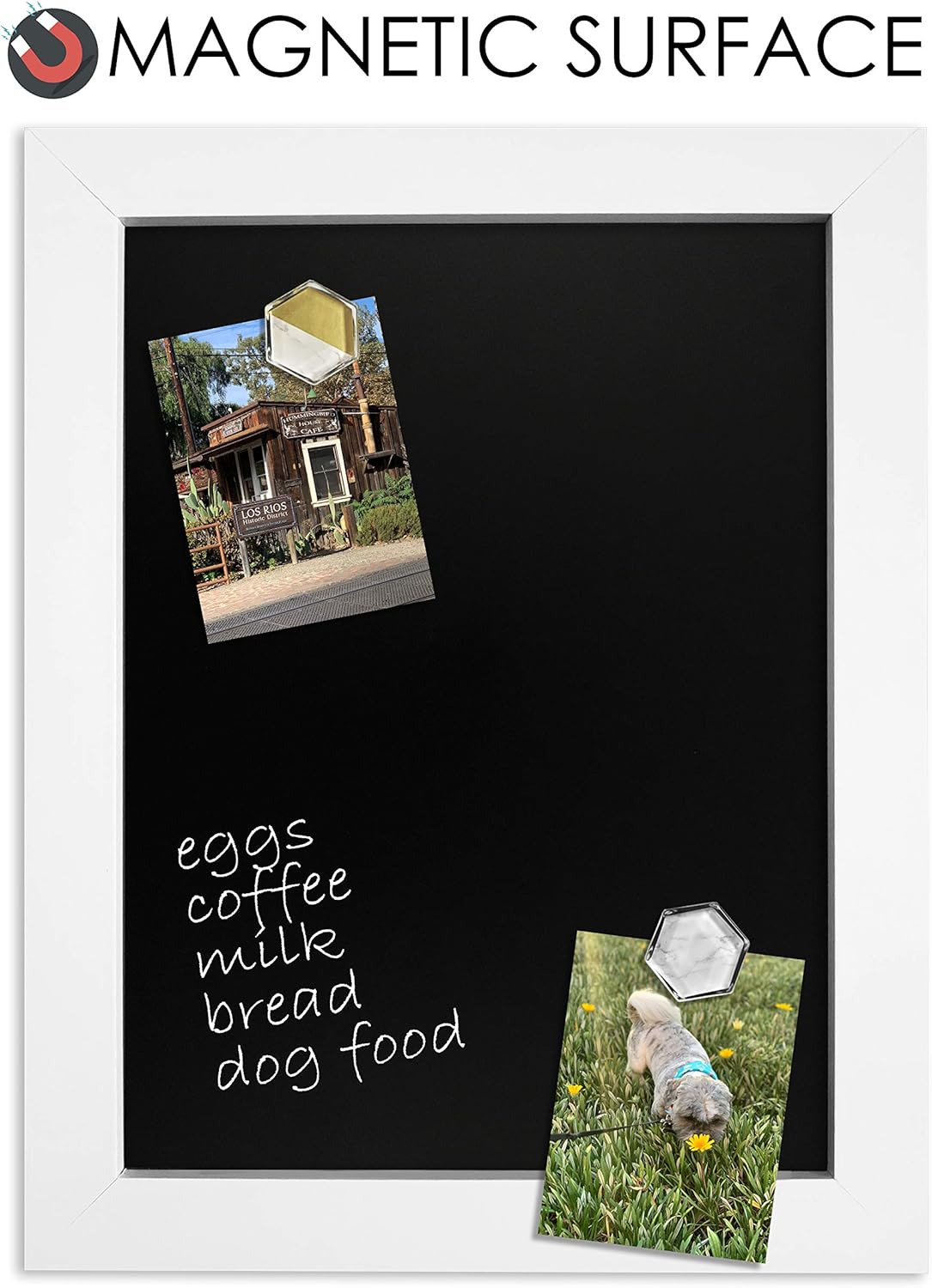 Loddie Doddie Magnetic Chalkboard Sign - 11" x 14" White Frame - Magnetic Wall Board & Magnet Display for Photos - Easy-Erase Chalkboard Message Center