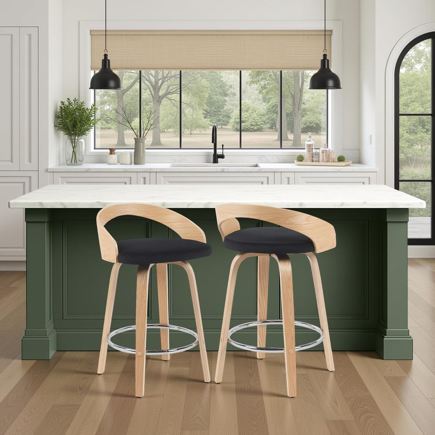 Armen Living Sonia Modern Swivel Counter Height Bar Stool with Black Upholstered Seat and Patterned Oak Wood Finish