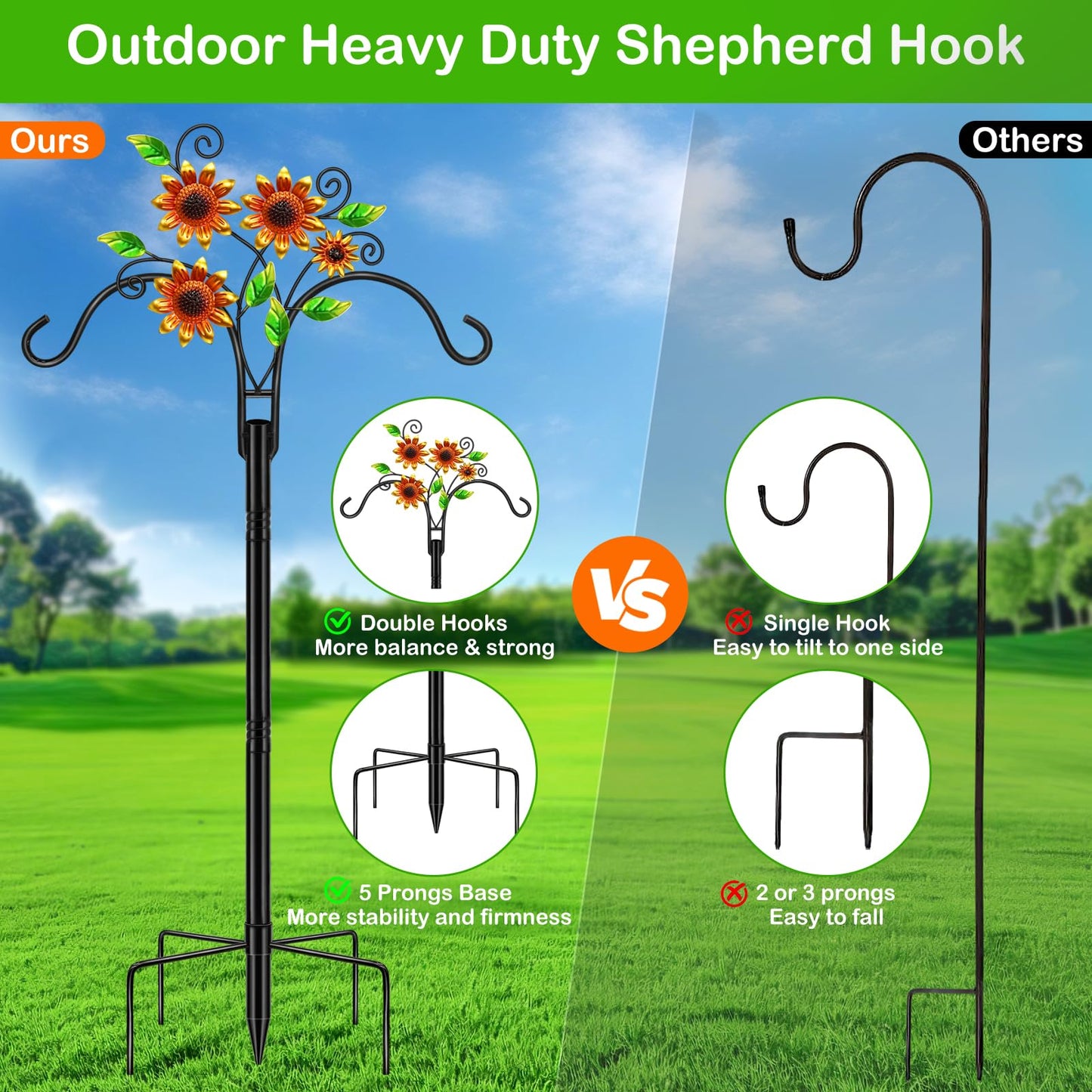 Double Shepherds Hooks for Outdoor, 1 Pack 78 Inch Bird Feeder Pole with 5 Prongs Base, Adjustable Heavy Duty Plant Hangers Sunflower Art for Outdoor Plants Hummingbird Feeder Hanging Basket Lantern