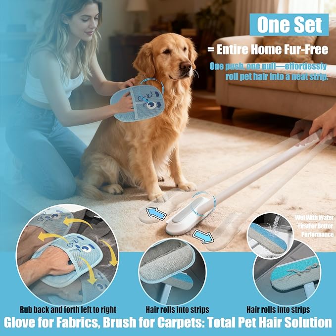 Pet Hair Remover Set – Removes Pet Fur from Carpets, Furniture & Car Seats For Cat & Dog, includes a 4-in-1 Hair Removal Brush (Extended Handle) & a Cartoon Magic Electrostatic Hair Removal Glove.
