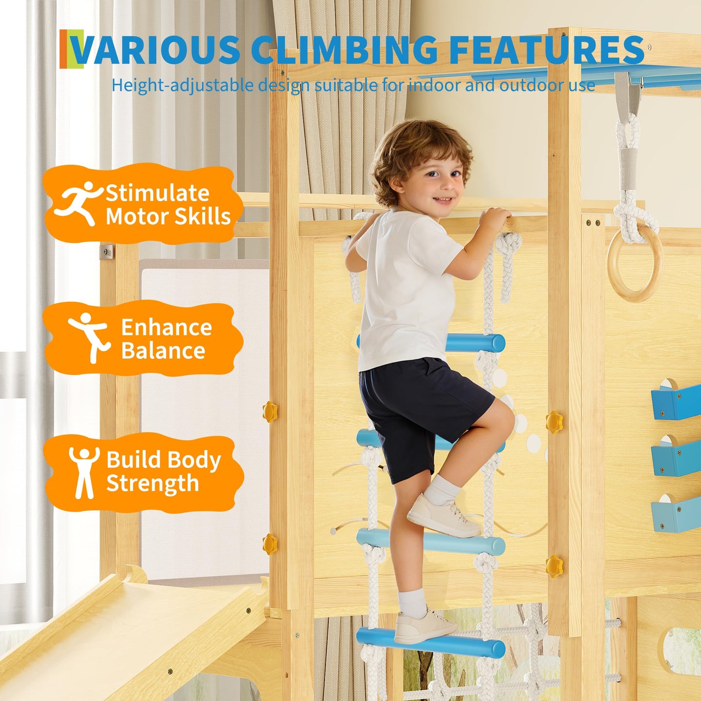 Jungle Gym with Slide, Rock Wall, Wood ＆ Rope Ladder, Monkey Bars, Gym Rings