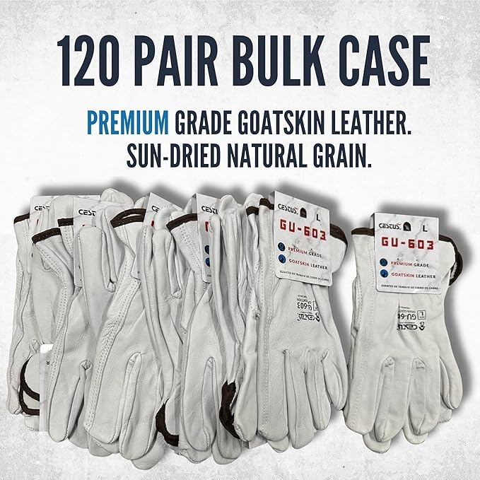 Cestus GU603, Sun-Dried Grain Leather Work Gloves (1,3,12,120) Premium Grade Goatskin, Unlined, Cut For Natural Fit