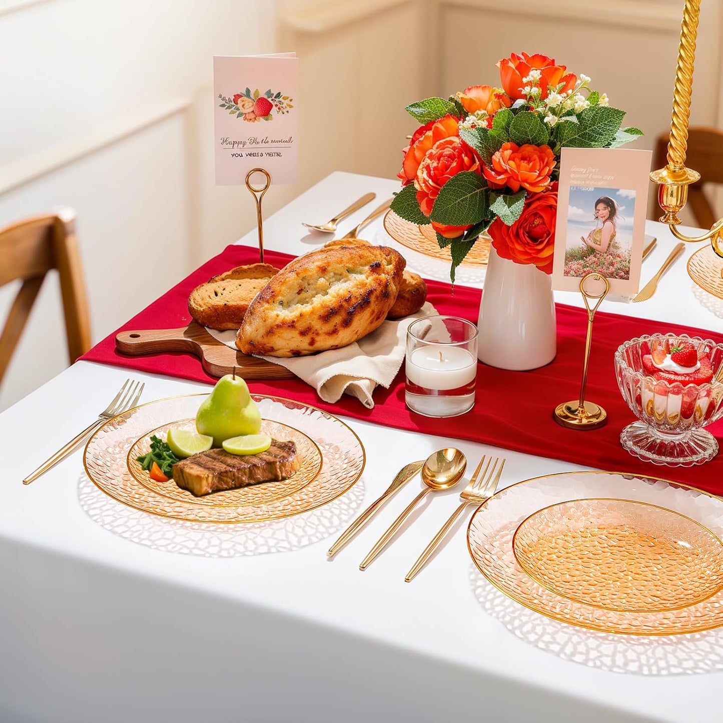 Rubtlamp 60Pcs Orange Plastic Plates, Orange Disposable Plates With Gold Rim, Hammered Plastic Plates Include 30 Dessert Platos, 30 Dinner Platos for Party, Thanksgiving