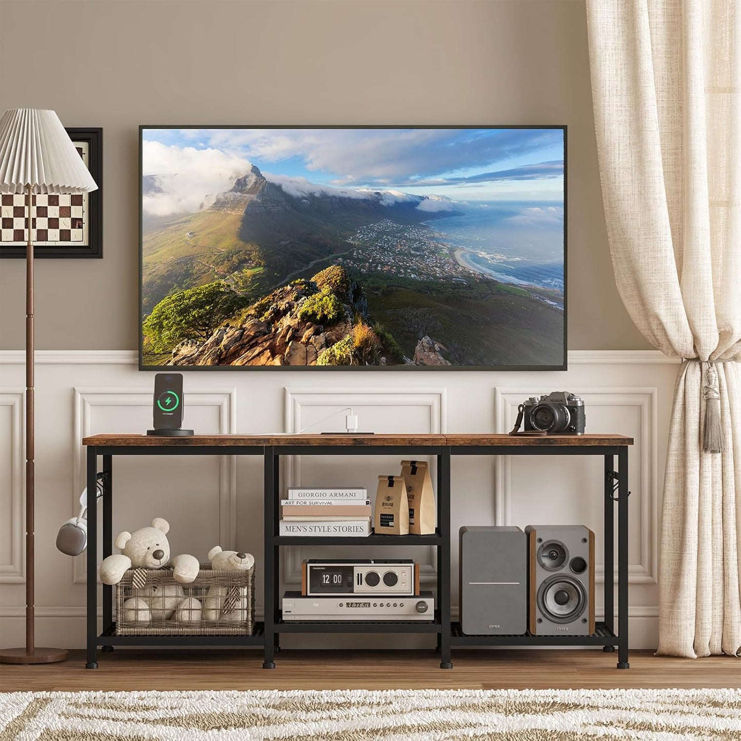 YGEOMER Entertainment Center for 55 inch TVs, TV Stand with Power Outlet and Open Storage Shelves, TV Media Console Table for Living Room and Bedroom, Rustic Brown