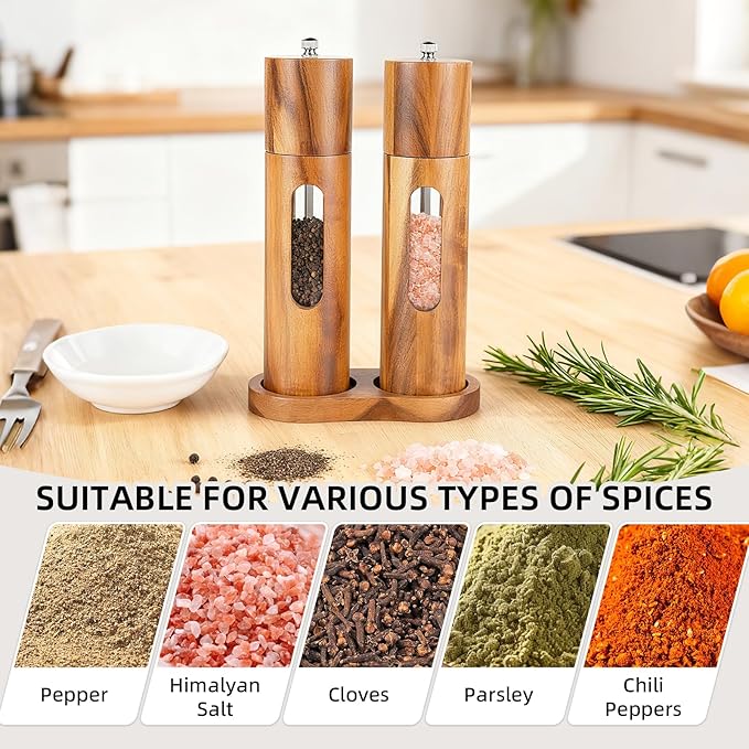 Acacia Wood Salt and Pepper Grinder Set with Base, Refillable Wooden Pepper & Salt Mill with Adjustable Ceramic Grinder for Kitchen & Dining