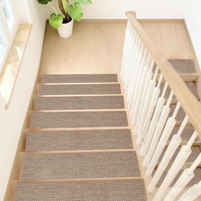 Stair Treads for Wooden Steps, 4 Pack 8" X 30" Beige Stair Runner Carpet Indoor with Reusable TPE Adhesive Backing, Carpet Stair Treads for Kids Elders and Pets, Prevent Slipping on Stairs