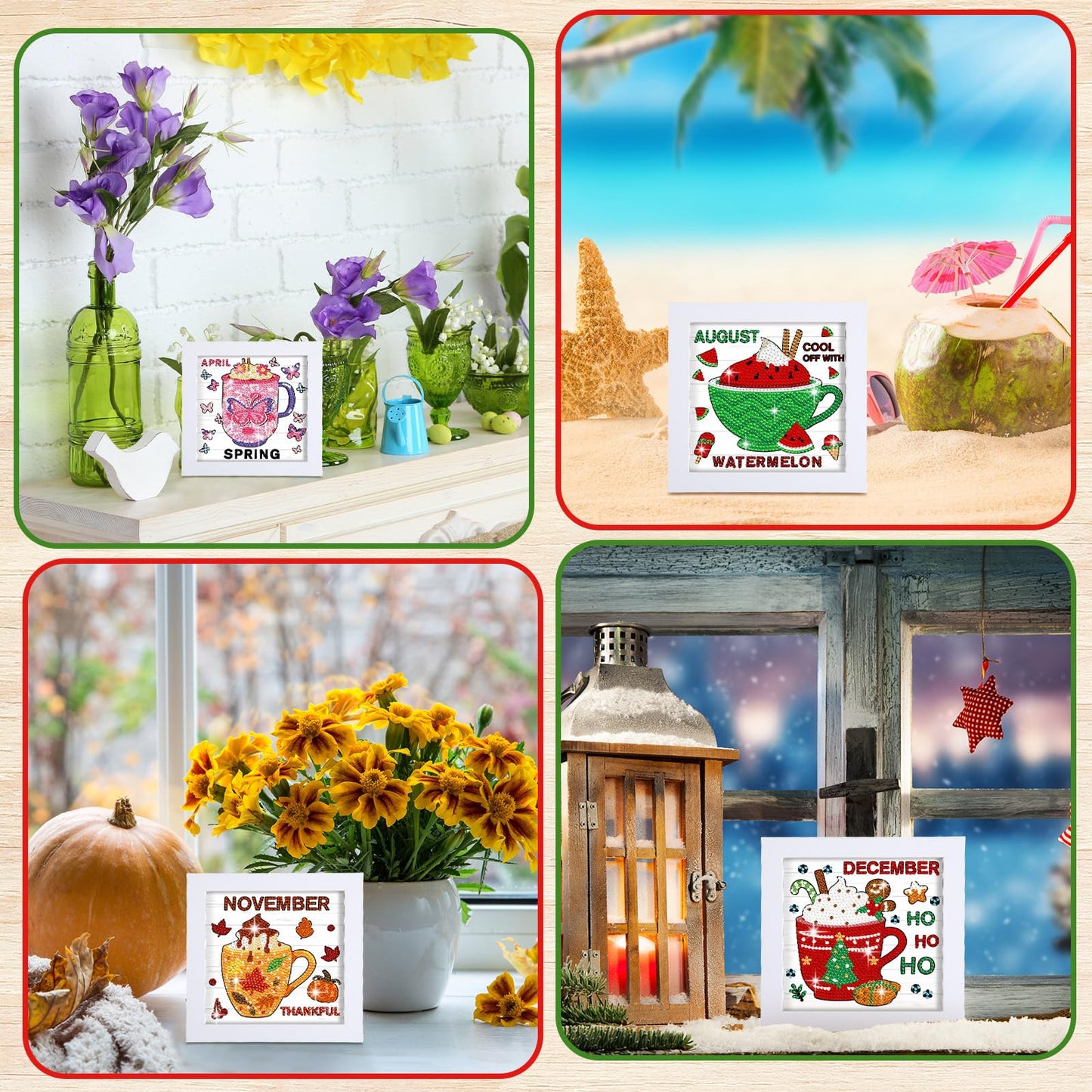 Trandraft 13 Pcs Coffee Month Diamond Art Kits for Adults 4th of July 250th Anniversary Favor Interchangeable 5d Seasonal Small Diamond Art Kits Framed Gem Painting for Holiday Table DIY Craft Gift