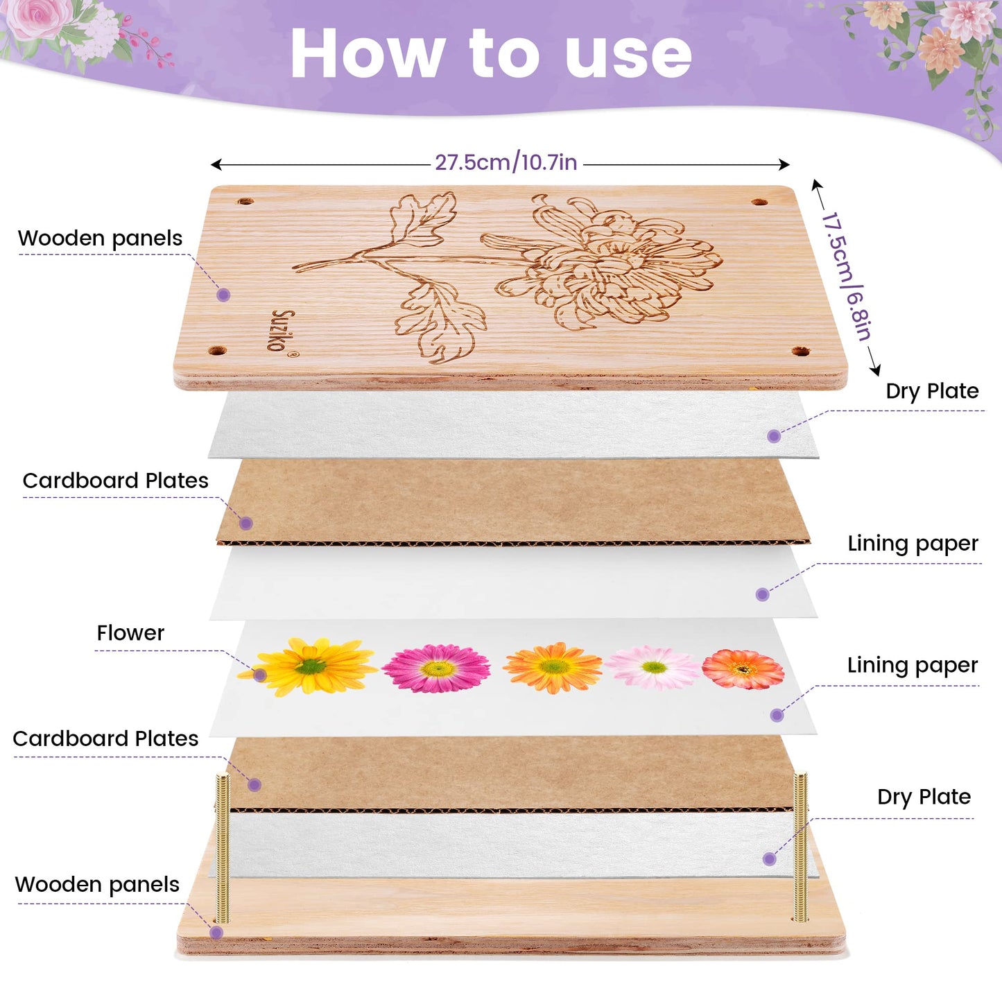 Suziko Large Flower Press Kit 10.8 x 6.9 inch for Adults, Flower and Plant Preservation Kit, Arts and Crafts for Adults Leaf Press, Great Gift for Lovers