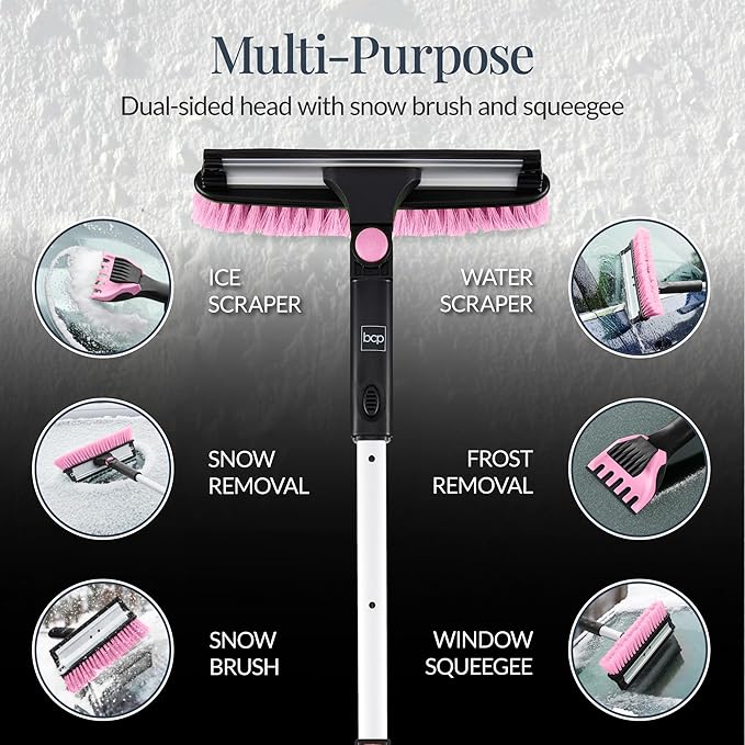 Best Choice Products Snow Brush with Squeegee & Ice Scraper, Up to 39" Extendable Foam Grip, 270° Pivoting Snow Brush for Car Truck SUV, Storage Bag Included - Pink