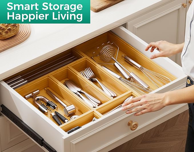 Bamboo Kitchen Drawer Organizer Boxes – 14" x 5" Stackable Wood Silverware Utensil Tray for Drawers, Cutlery & Flatware Storage – Wooden Organizers Set of 2 for Junk Drawer Bins, Bathroom, RV