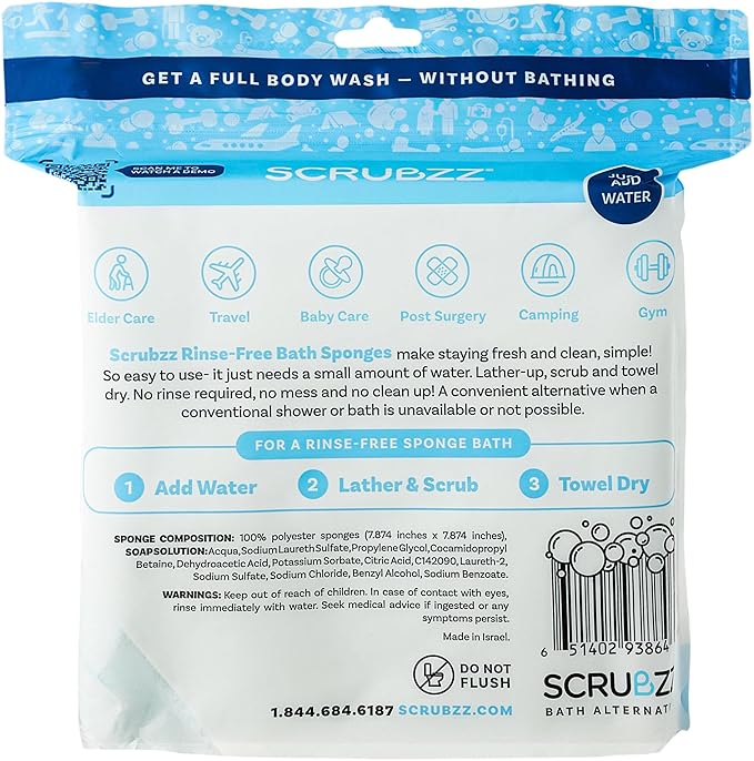Scrubzz Disposable No Rinse Bathing Wipes - All-in-1 Single Use Shower Wipes, Simply Dampen, Lather, and Dry Without Shampoo or Rinsing (Unscented, 3-Pack)