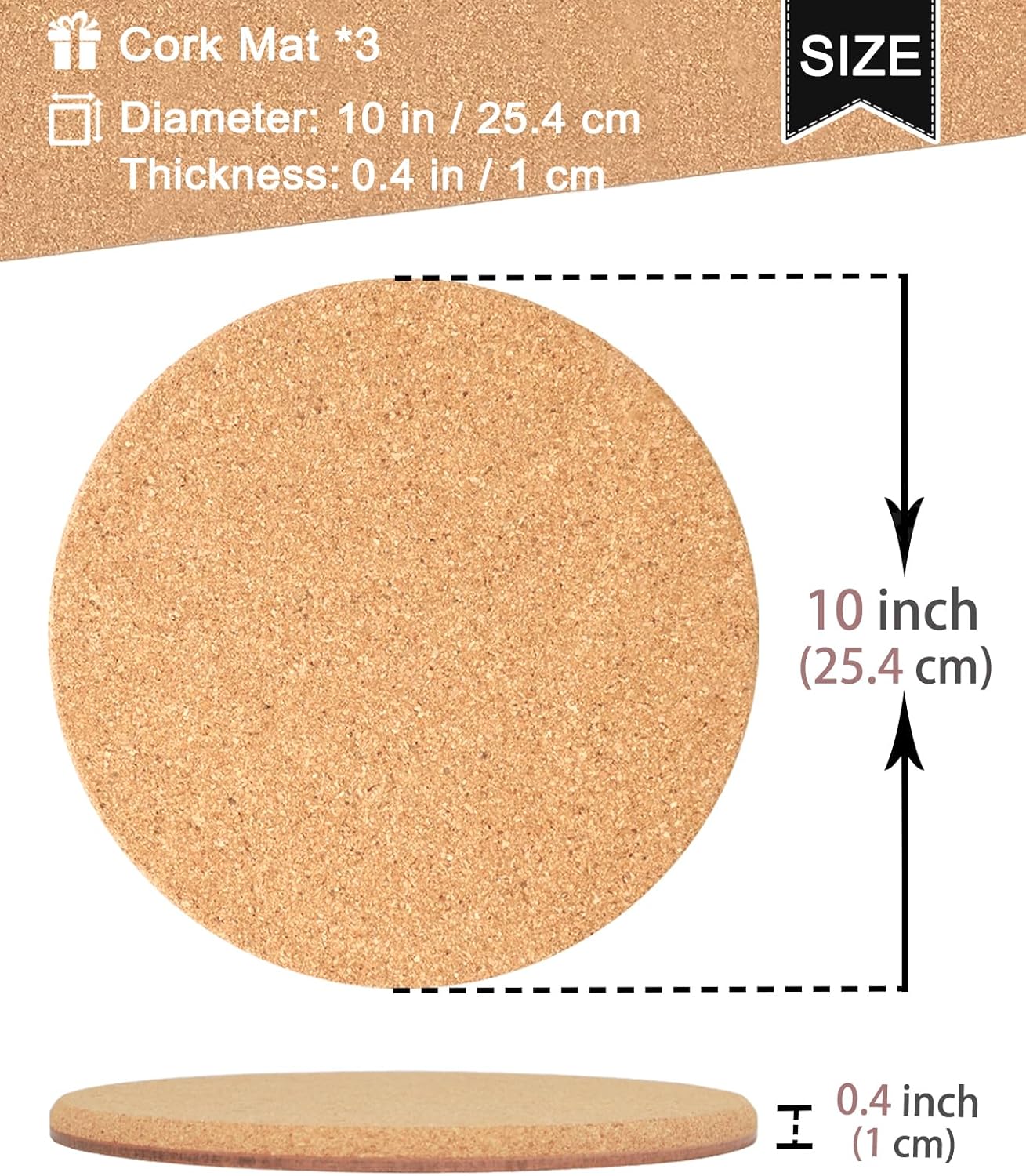 Cork Plant Coasters, Layers Hard Thick Planter Coaster, 10 Inch Absorbent Mats, Cork Trivets for Hot Dishes, Coasters for House Plants, 3 Pcs